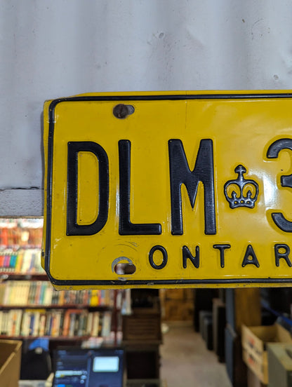 Vintage 1980s Yellow Ontario Dealer Service License Plate in Original Carrier