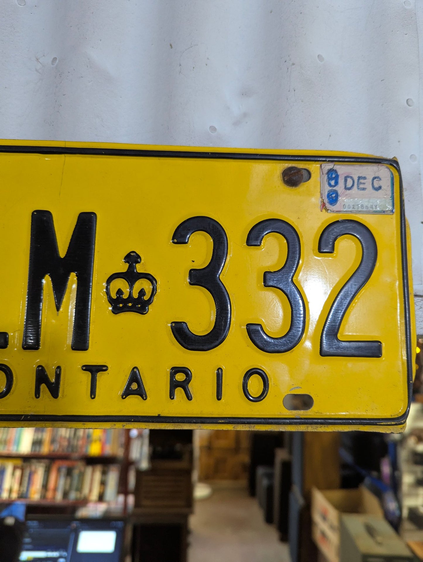 Vintage 1980s Yellow Ontario Dealer Service License Plate in Original Carrier
