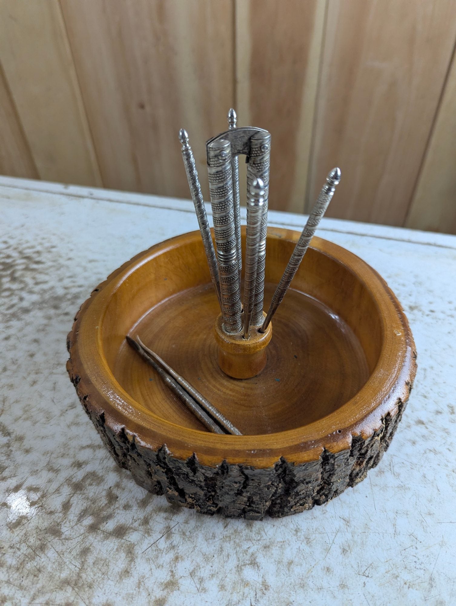Vintage Rustic Edge Wood Nut Nutcracker Bowl w