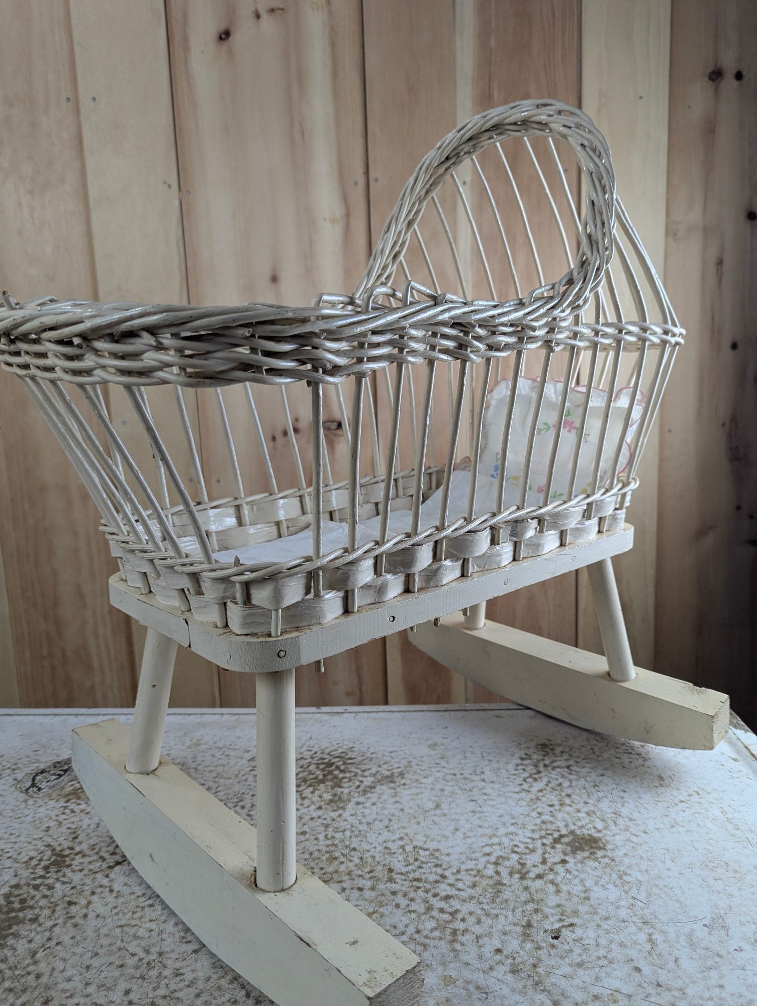 Vintage White Wicker Doll Cradle