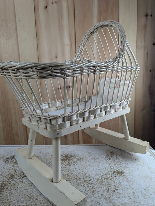 Vintage White Wicker Doll Cradle