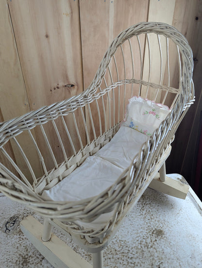 Vintage White Wicker Doll Cradle