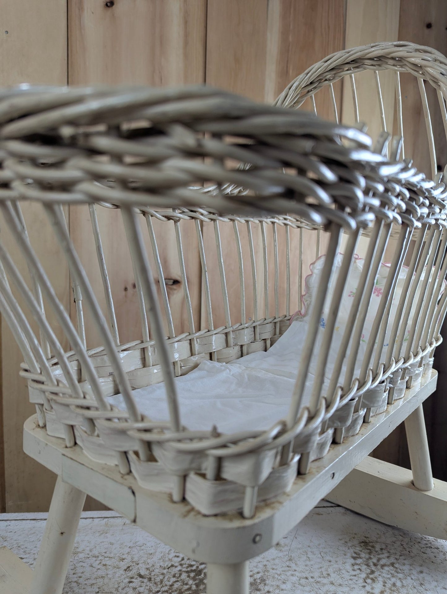 Vintage White Wicker Doll Cradle