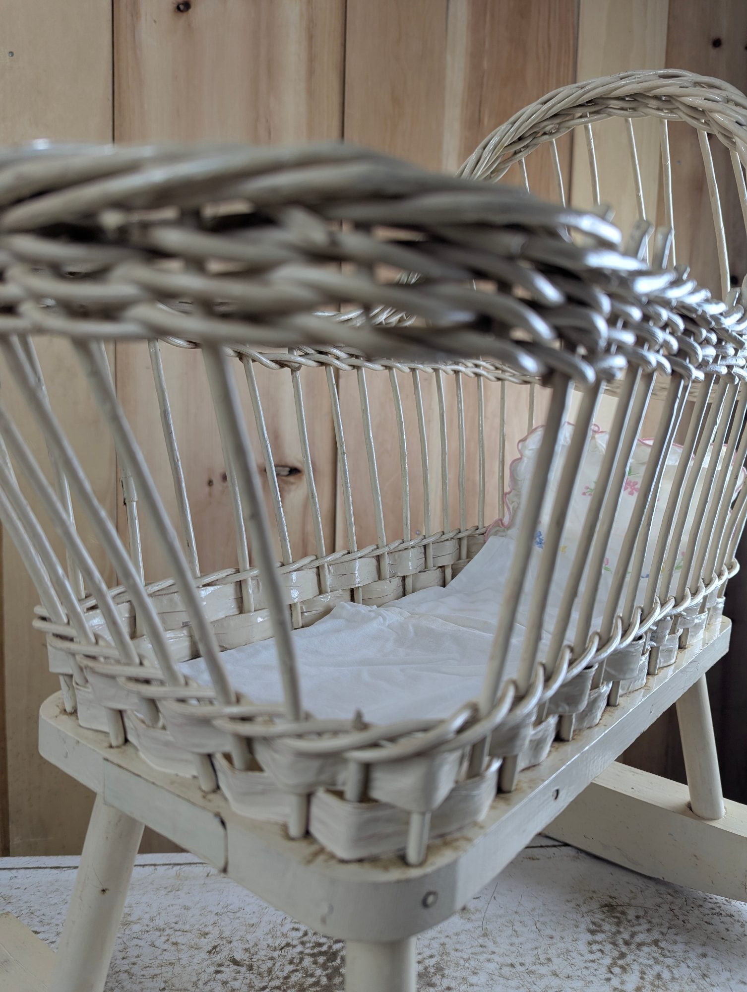Vintage White Wicker Doll Cradle