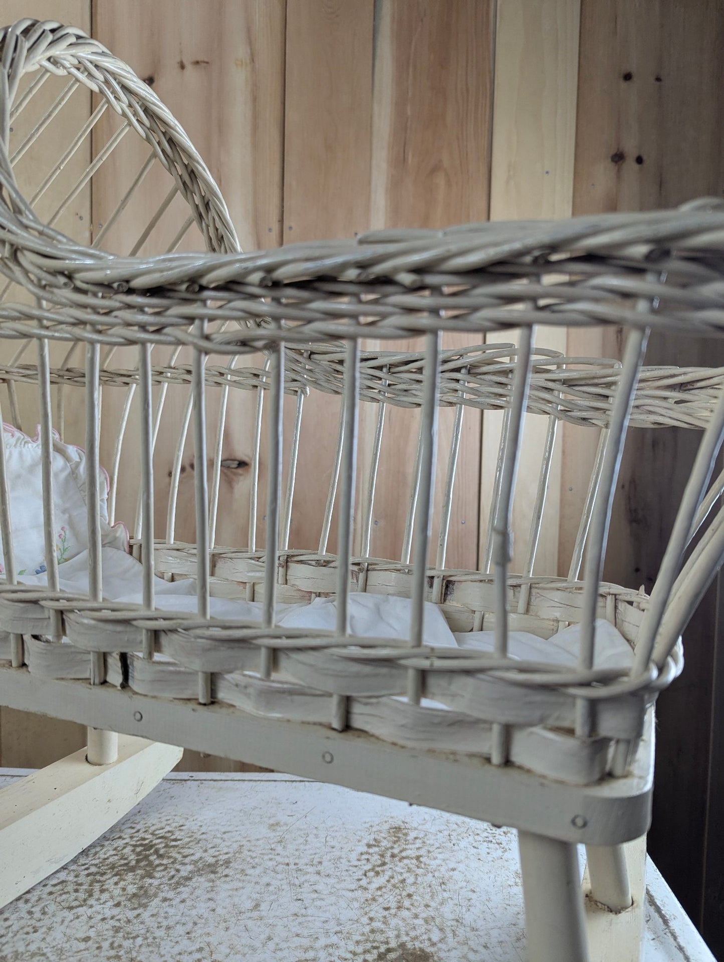 Vintage White Wicker Doll Cradle
