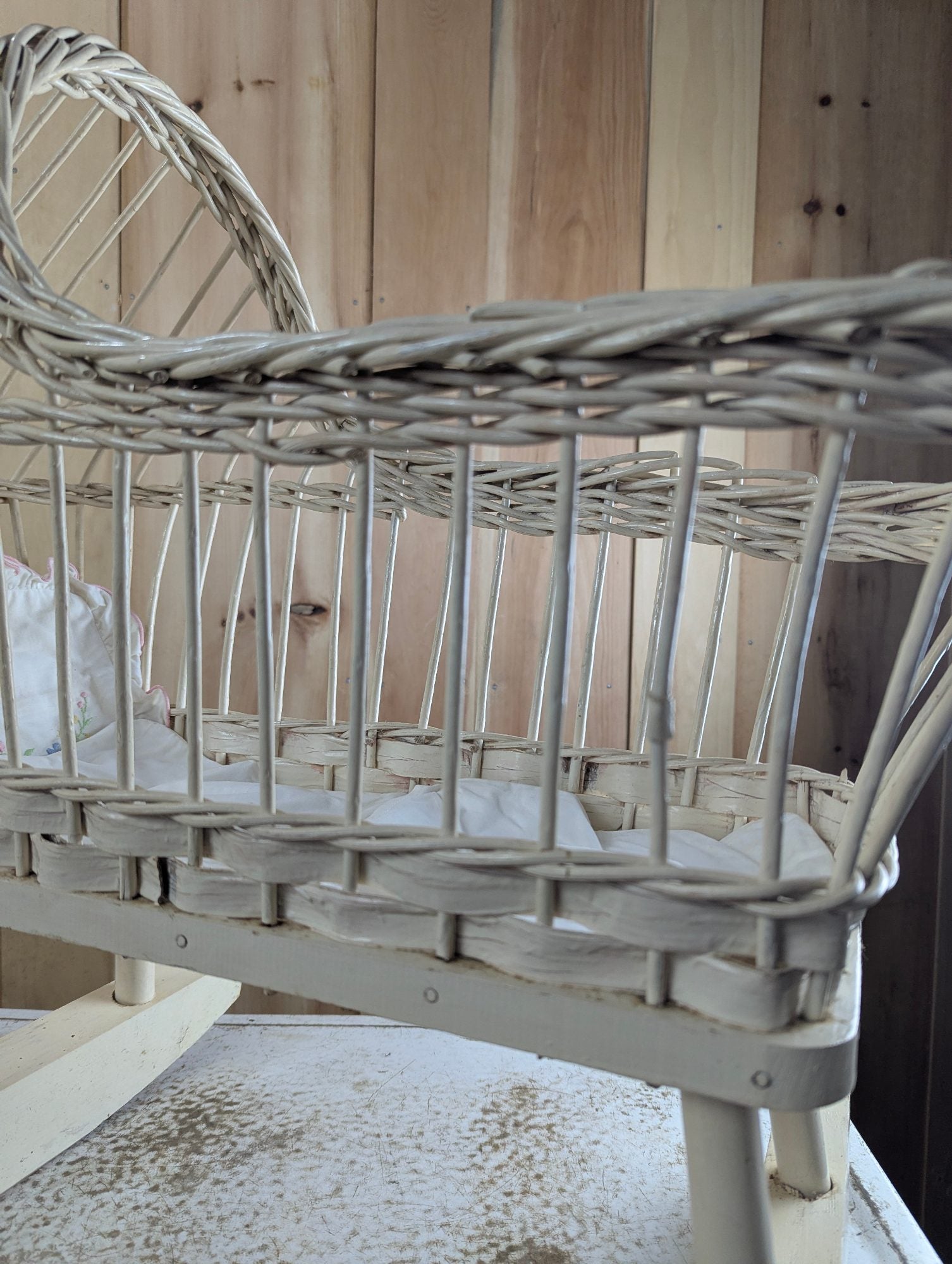 Vintage White Wicker Doll Cradle