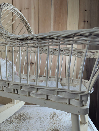 Vintage White Wicker Doll Cradle