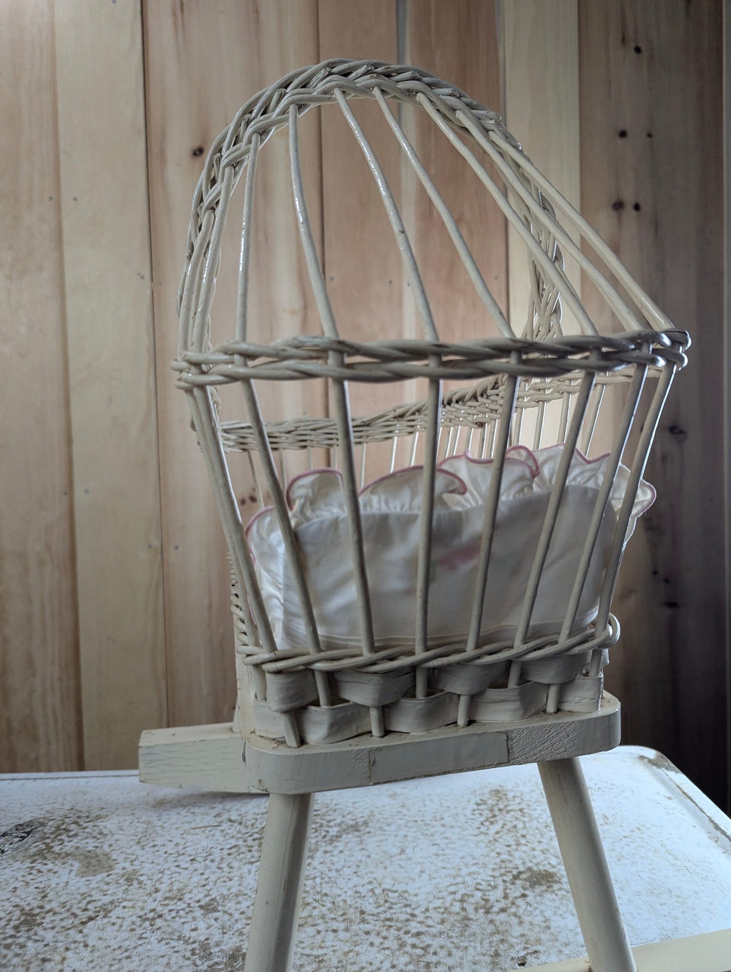 Vintage White Wicker Doll Cradle