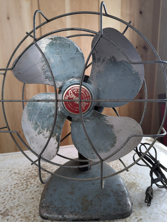 Vintage Blue Super Lectric Model 1053C Oscillating Metal Fan