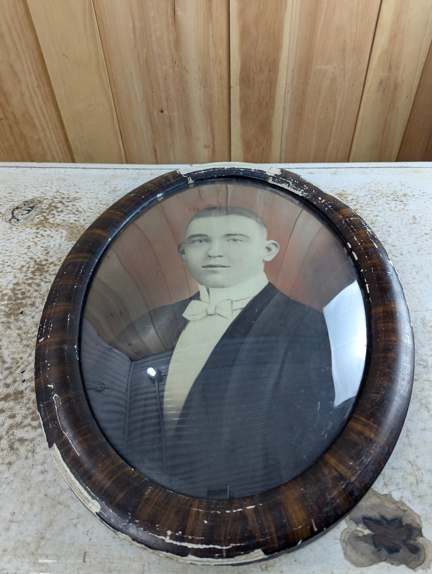 Antique 22" x 16" Portrait in Oval Tigerwood-Style Bubble Glass Frame