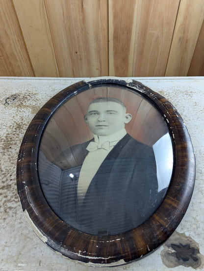 Antique 22" x 16" Portrait in Oval Tigerwood-Style Bubble Glass Frame