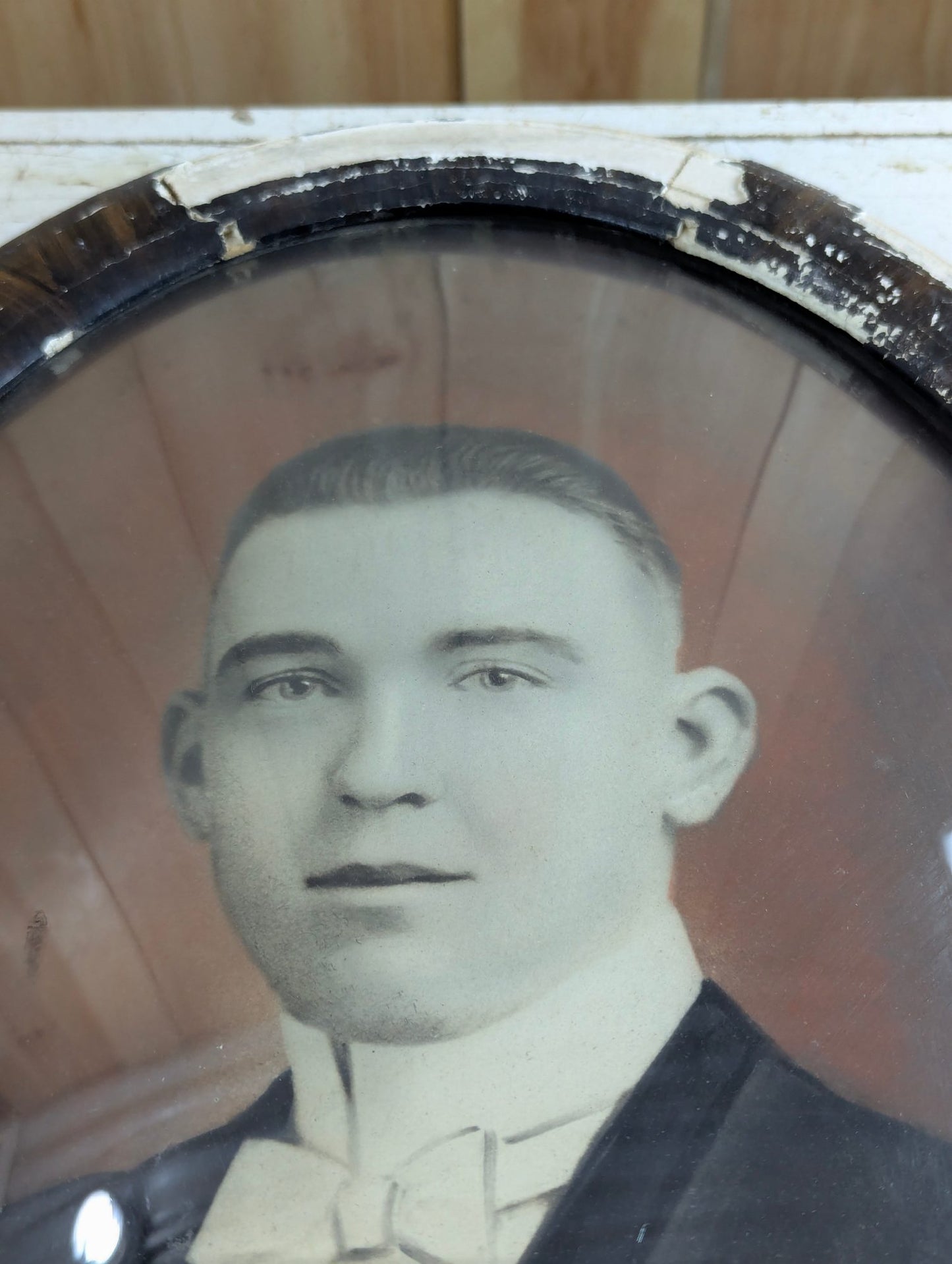 Antique 22" x 16" Portrait in Oval Tigerwood-Style Bubble Glass Frame
