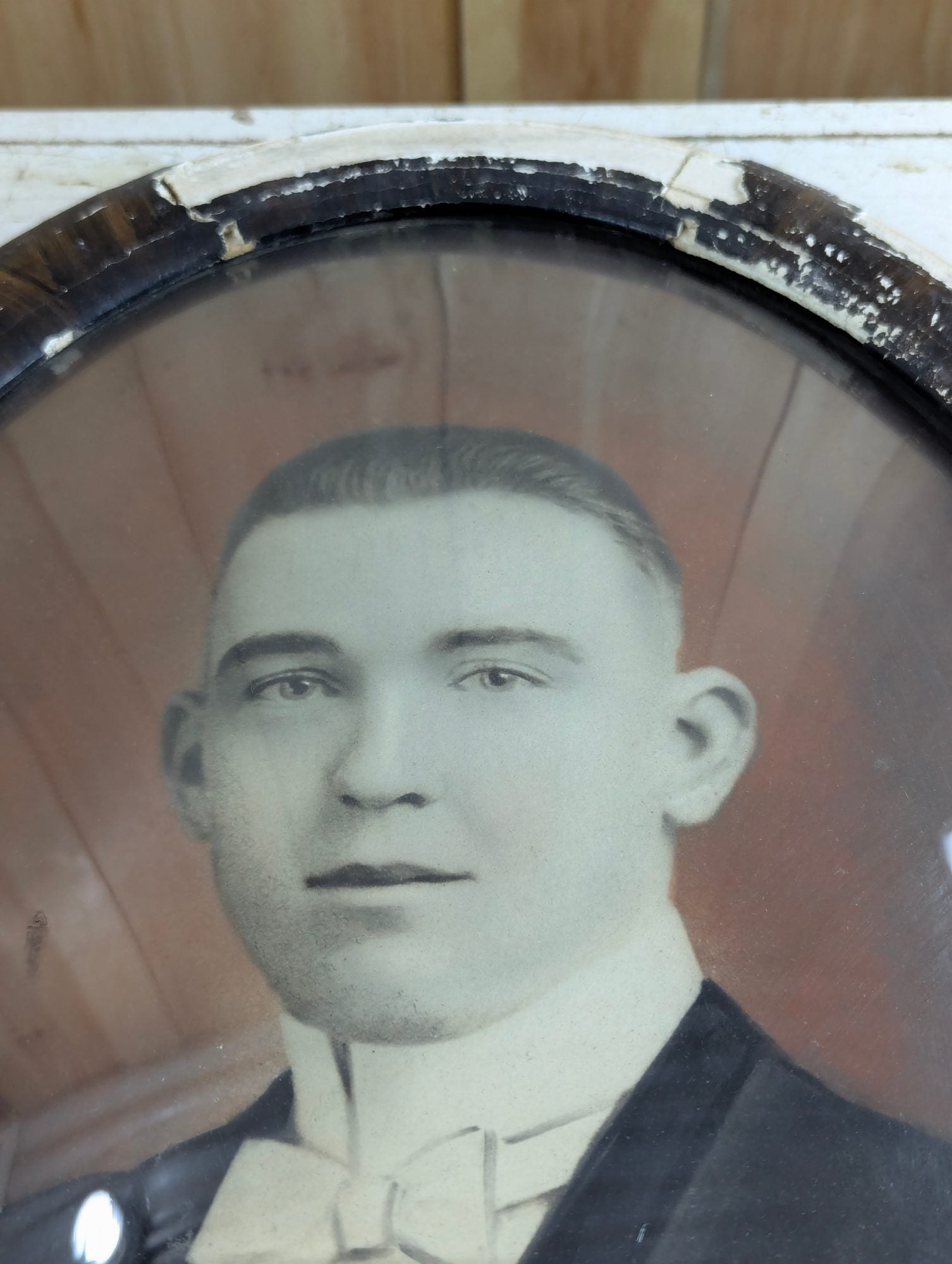 Antique 22" x 16" Portrait in Oval Tigerwood-Style Bubble Glass Frame