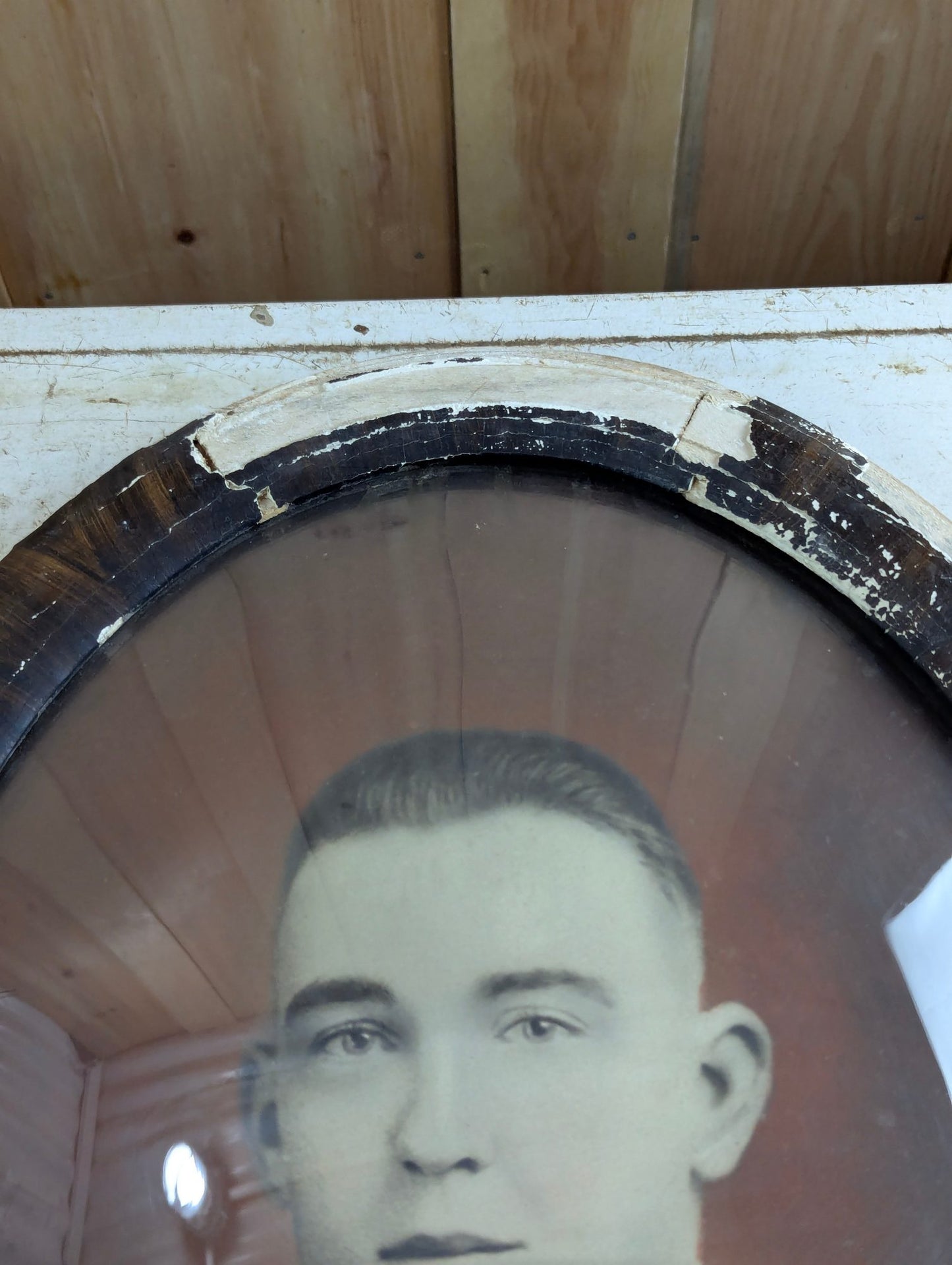 Antique 22" x 16" Portrait in Oval Tigerwood-Style Bubble Glass Frame
