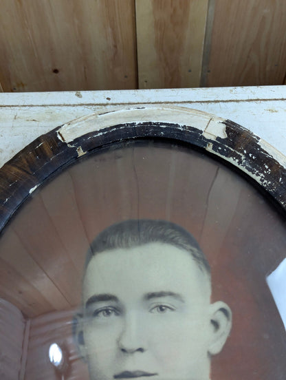Antique 22" x 16" Portrait in Oval Tigerwood-Style Bubble Glass Frame
