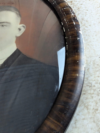 Antique 22" x 16" Portrait in Oval Tigerwood-Style Bubble Glass Frame