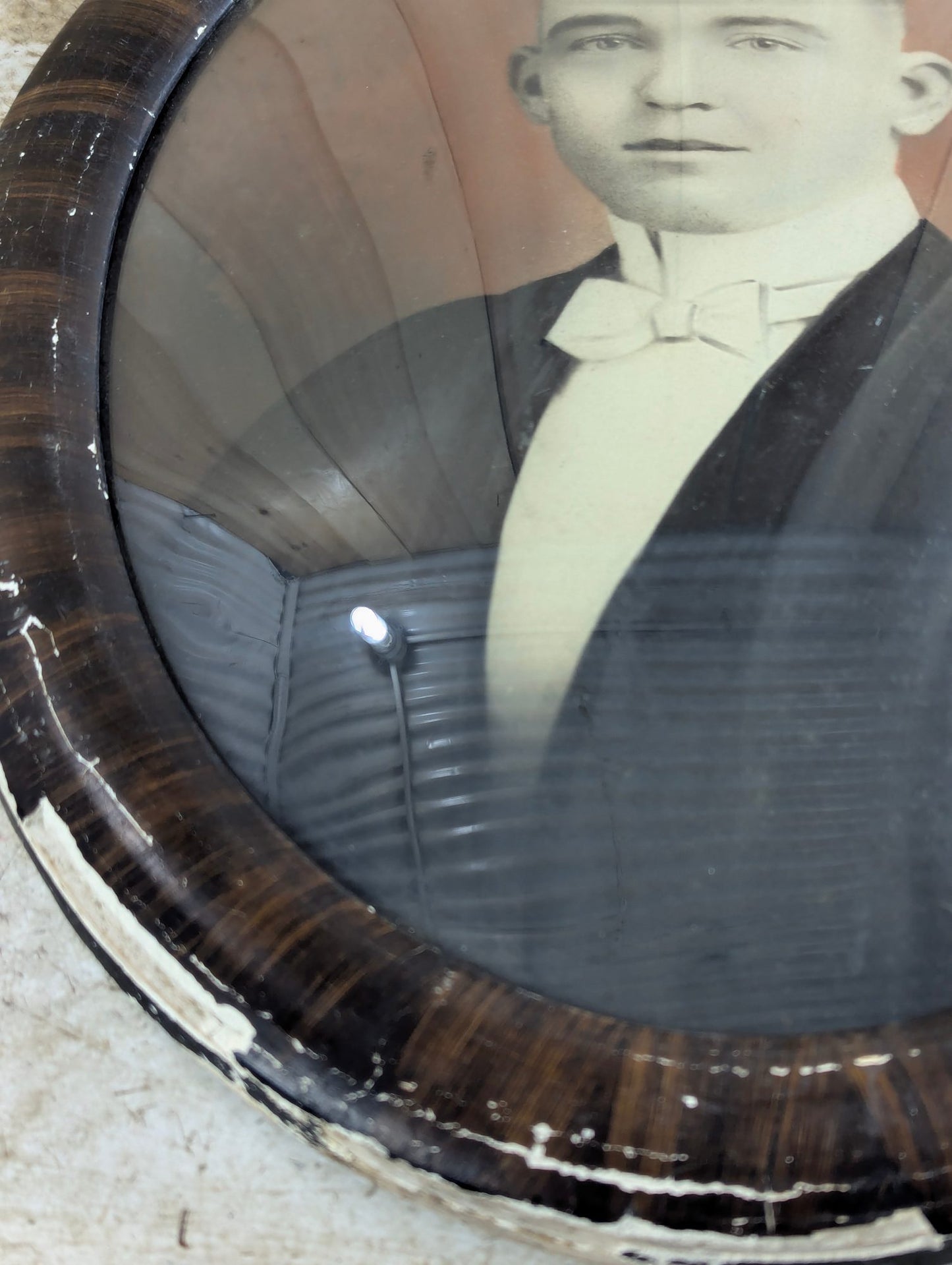 Antique 22" x 16" Portrait in Oval Tigerwood-Style Bubble Glass Frame