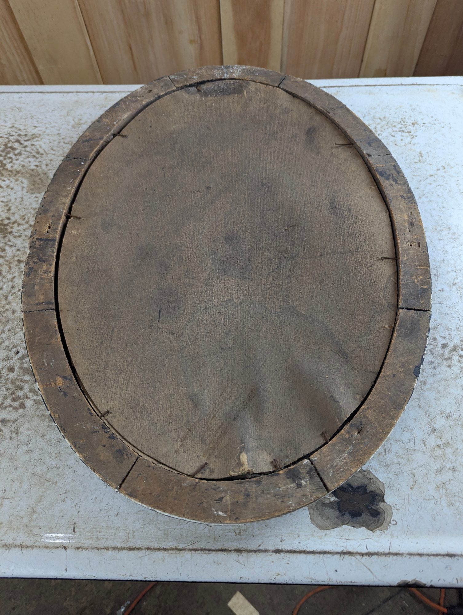 Antique 22" x 16" Portrait in Oval Tigerwood-Style Bubble Glass Frame