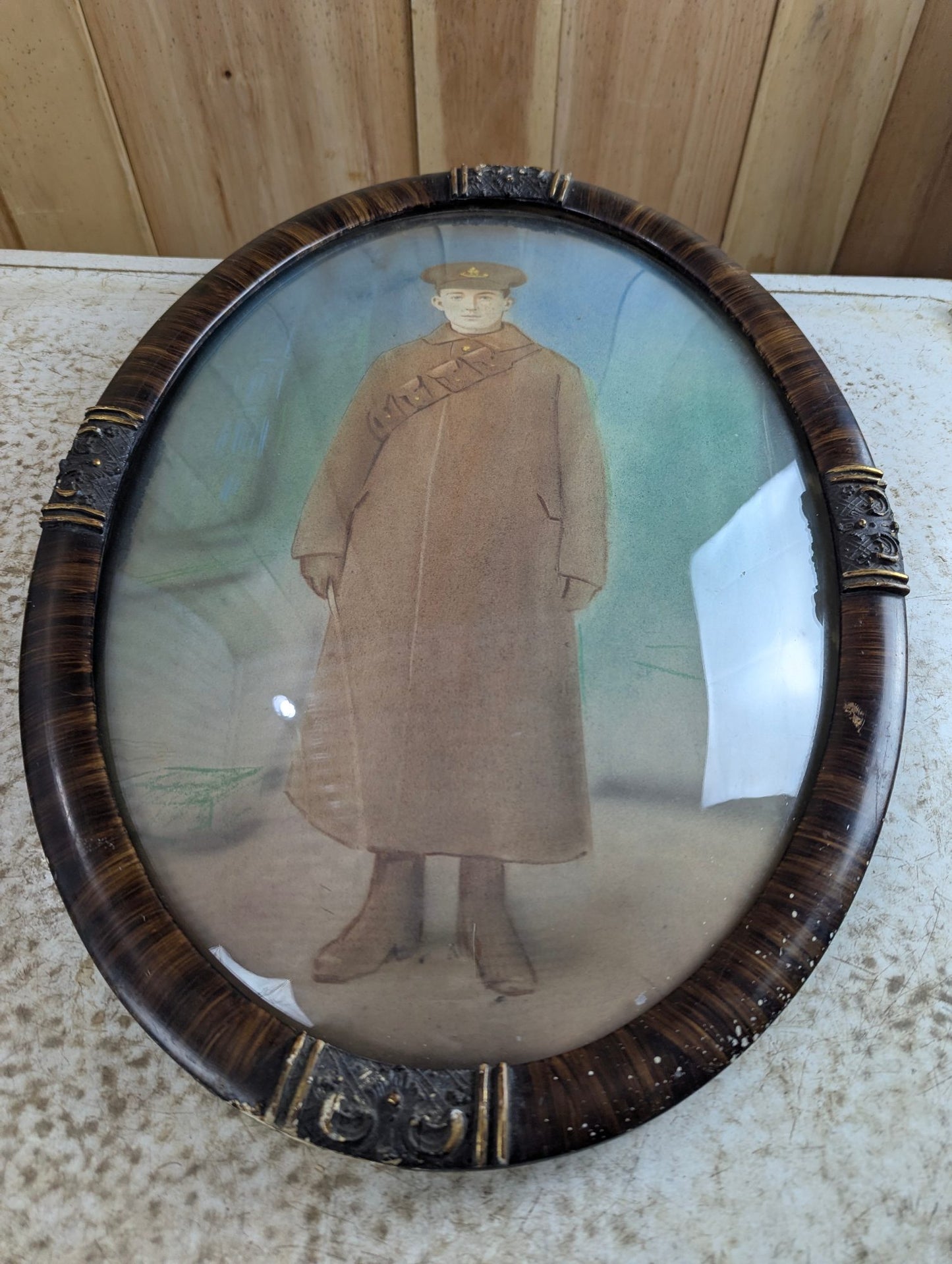 Antique 21" x 16" Pastel Portrait in Oval Tigerwood-Style Bubble Glass Frame with Accents