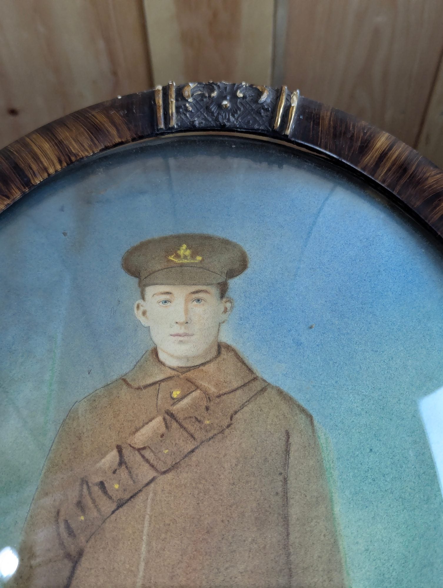 Antique 21" x 16" Pastel Portrait in Oval Tigerwood-Style Bubble Glass Frame with Accents