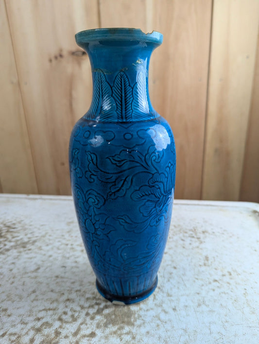 Early 20th Century 10" Turquoise Glazed Chinese Vase - Damaged