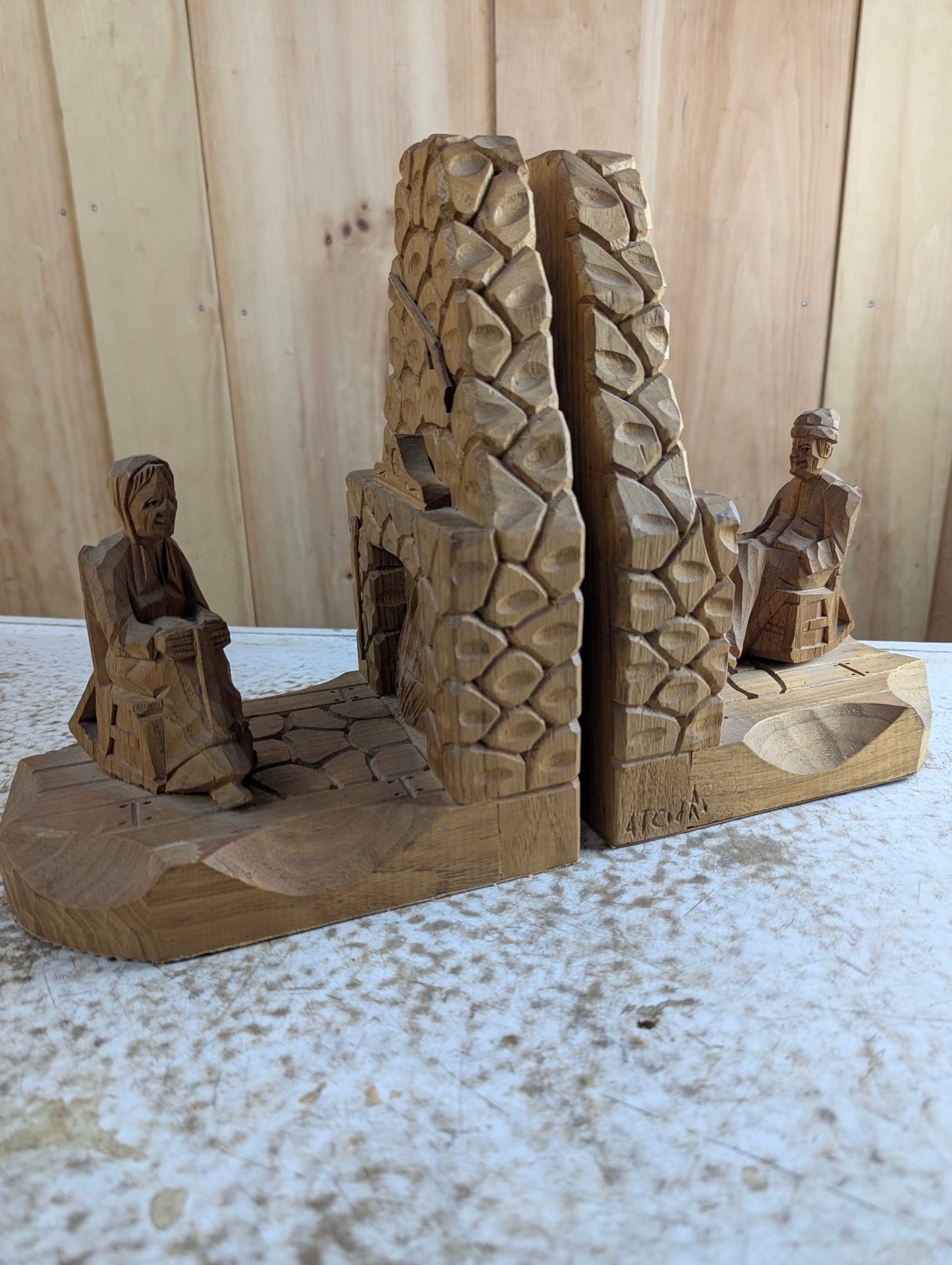 Pair of Hand-carved Quebec Folk Art Bookends - Signed