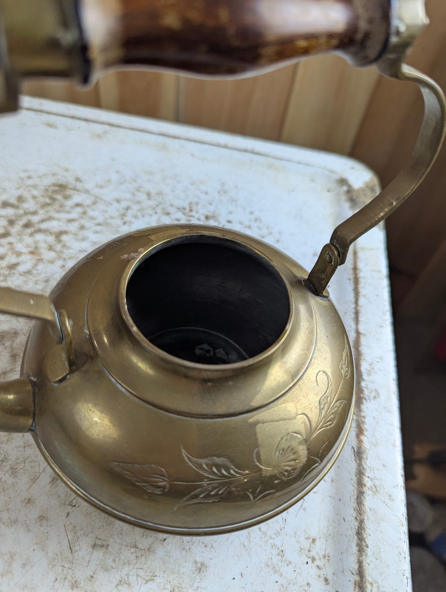 Vintage 4" Tall Indian Etched Brass Kettle