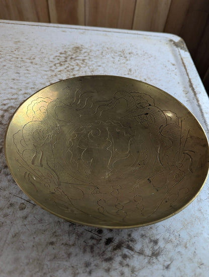 Vintage Chinese Etched Brass 8" Bowl with Dragon Design