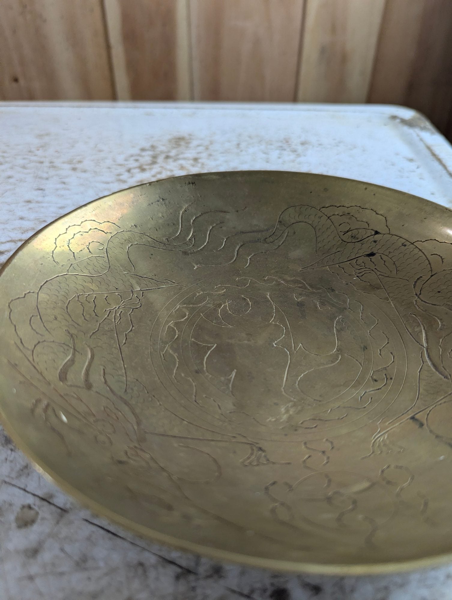 Vintage Chinese Etched Brass 8" Bowl with Dragon Design