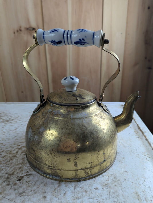 Vintage 5" Tall Taiwan Brass Kettle with Porcelain Handle and Knob
