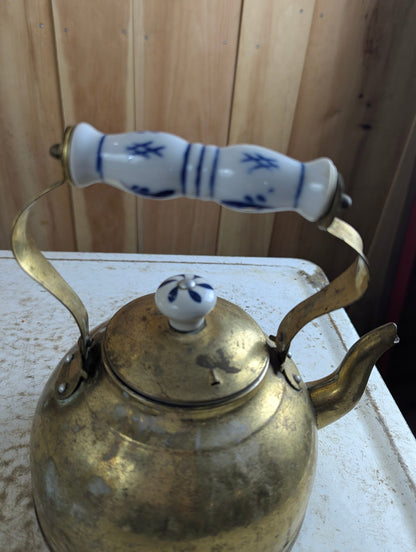 Vintage 5" Tall Taiwan Brass Kettle with Porcelain Handle and Knob