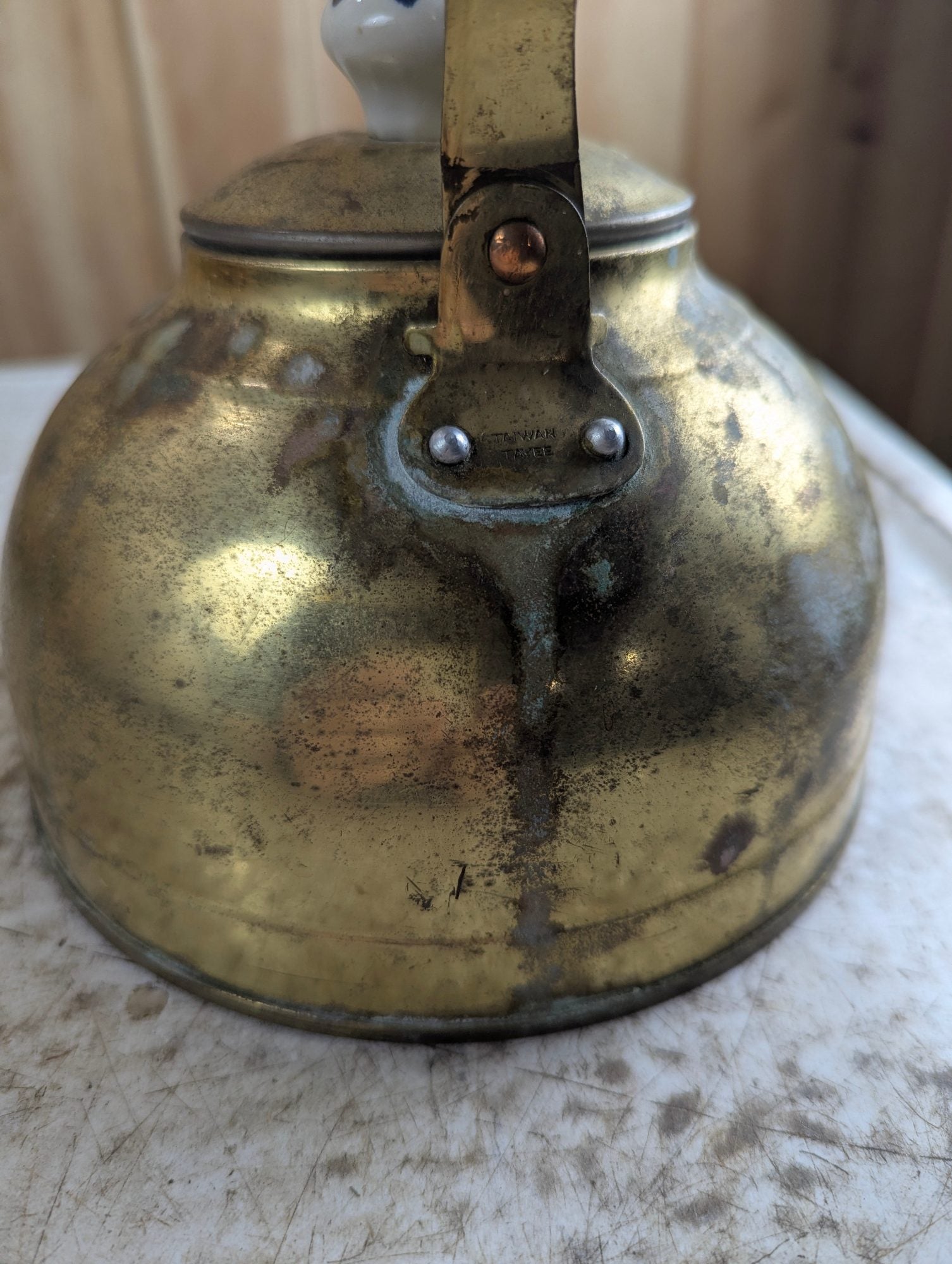 Vintage 5" Tall Taiwan Brass Kettle with Porcelain Handle and Knob