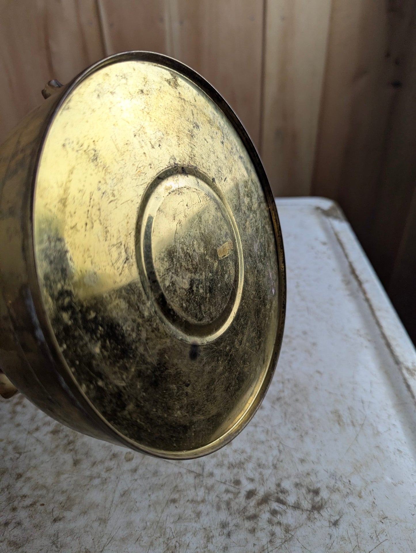 Vintage 5" Tall Taiwan Brass Kettle with Porcelain Handle and Knob