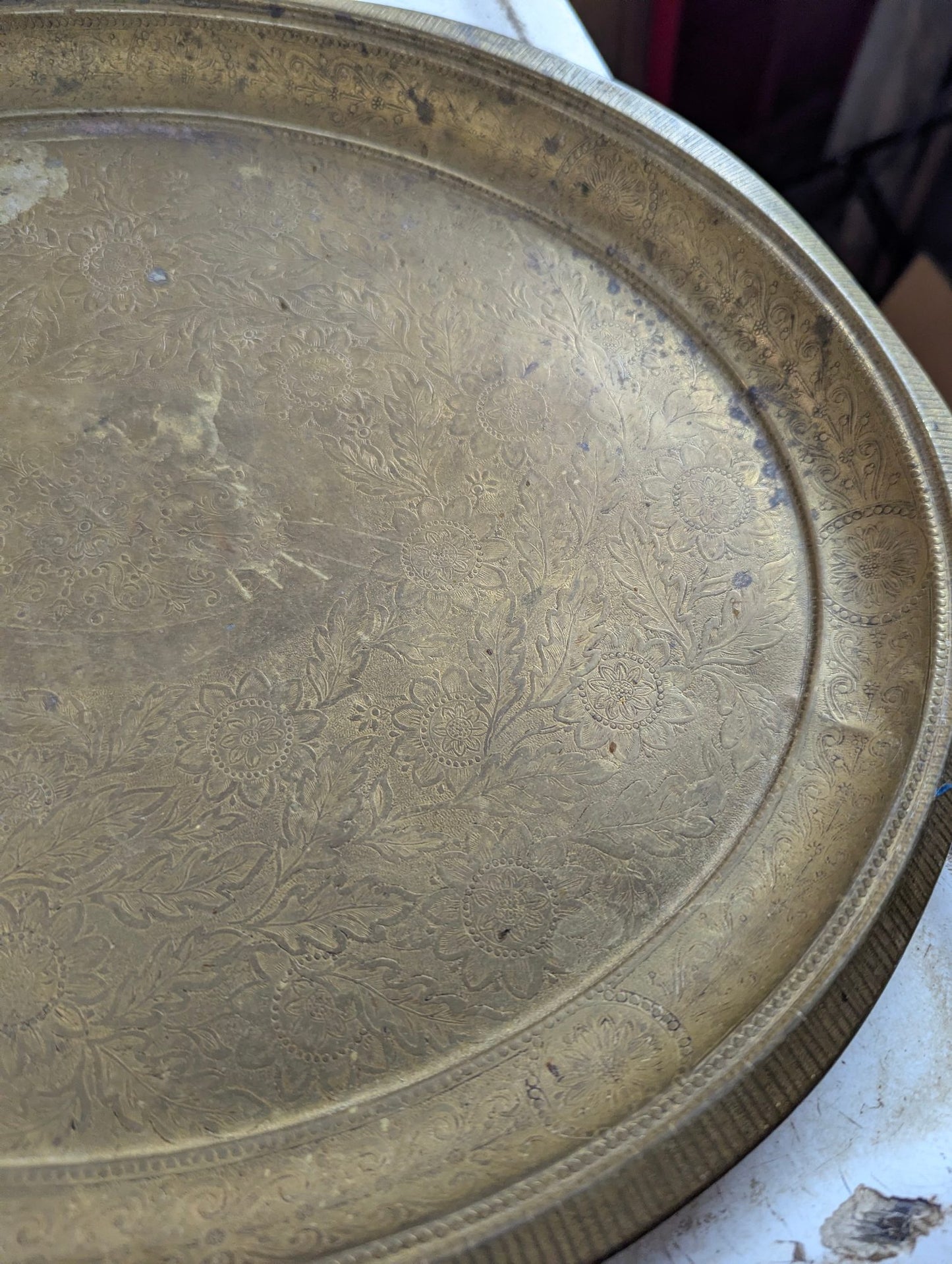 Vintage Etched Brass  16" x 13" Oval Serving Tray