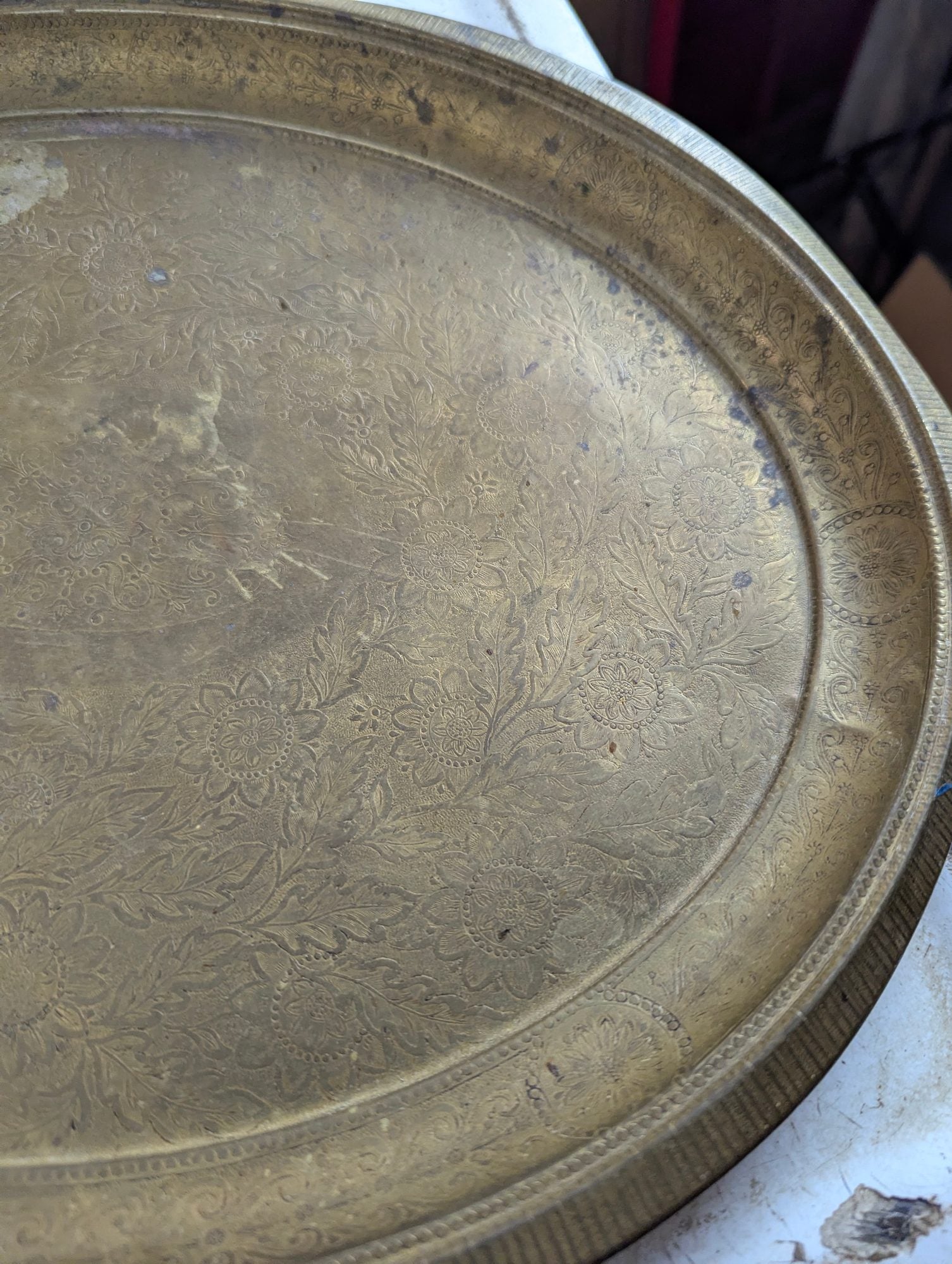 Vintage Etched Brass  16" x 13" Oval Serving Tray
