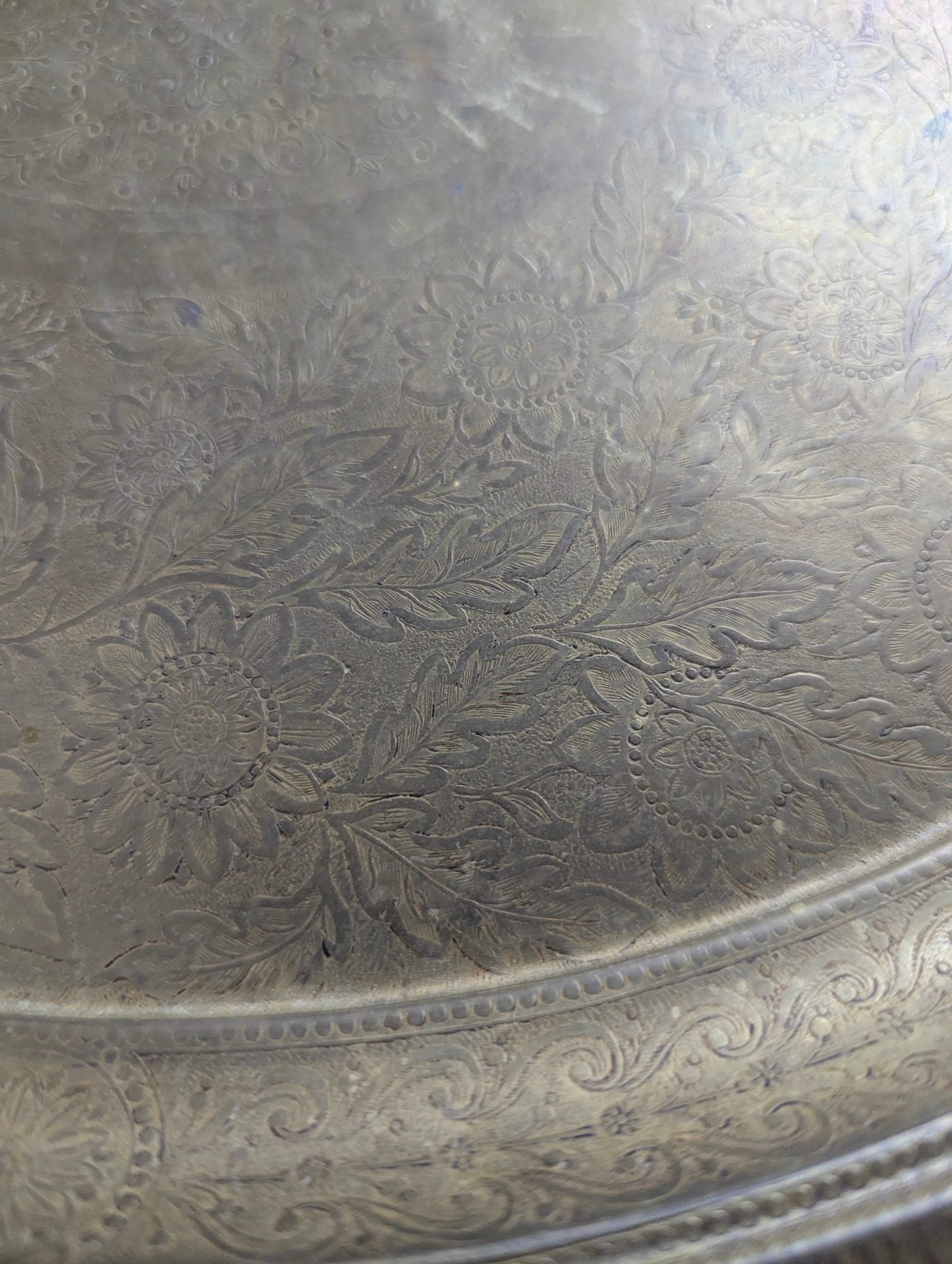 Vintage Etched Brass  16" x 13" Oval Serving Tray