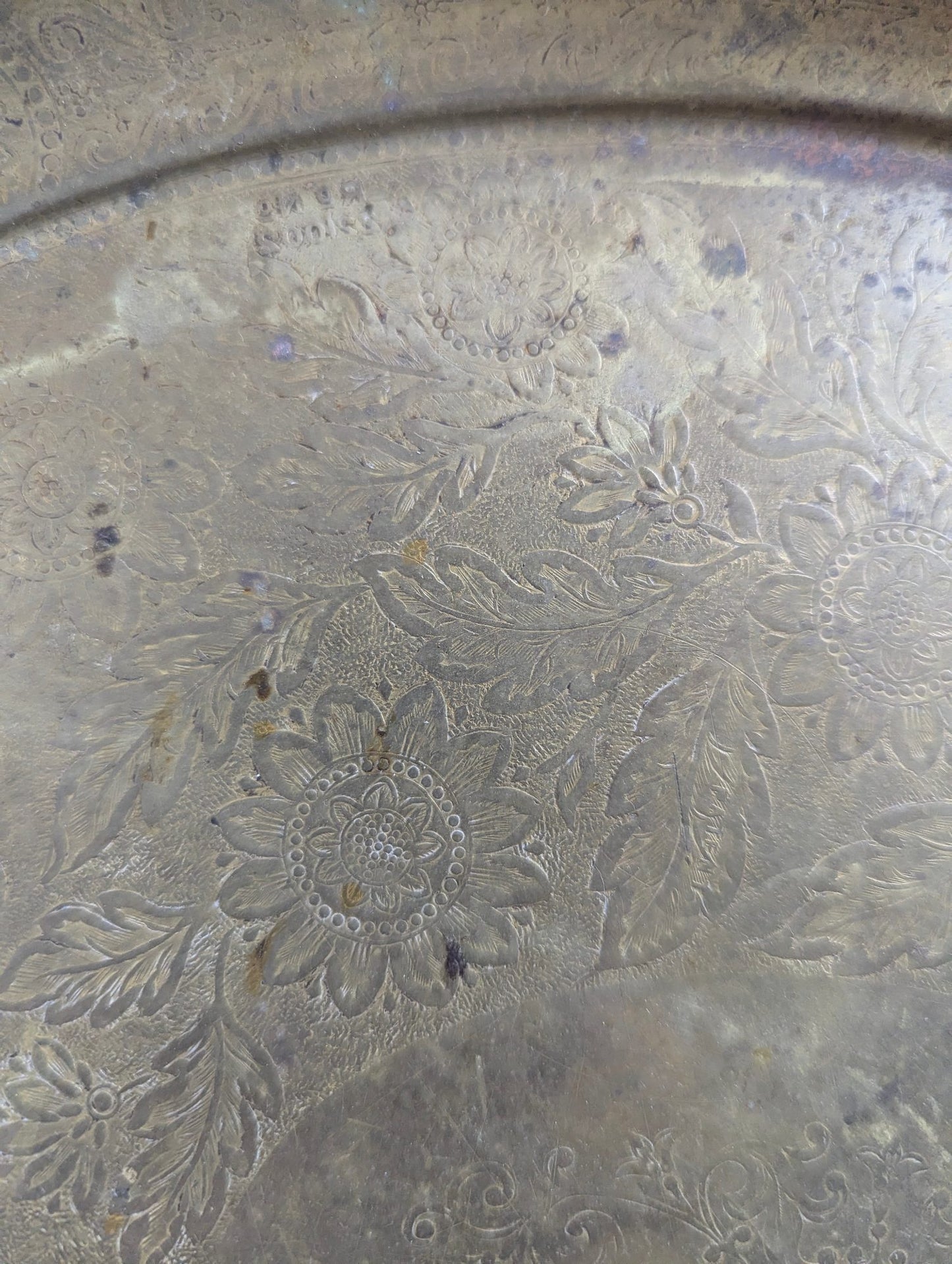 Vintage Etched Brass  16" x 13" Oval Serving Tray