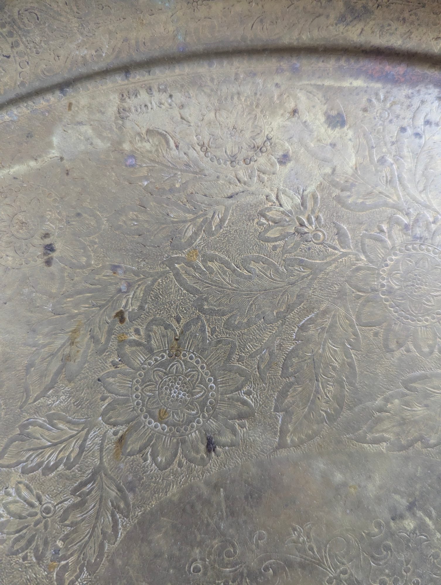 Vintage Etched Brass  16" x 13" Oval Serving Tray