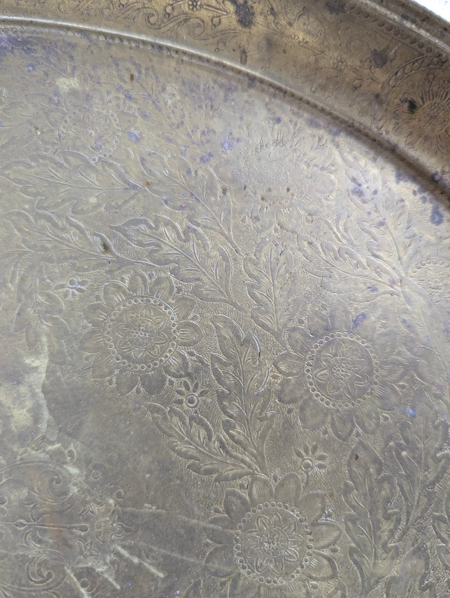 Vintage Etched Brass  16" x 13" Oval Serving Tray