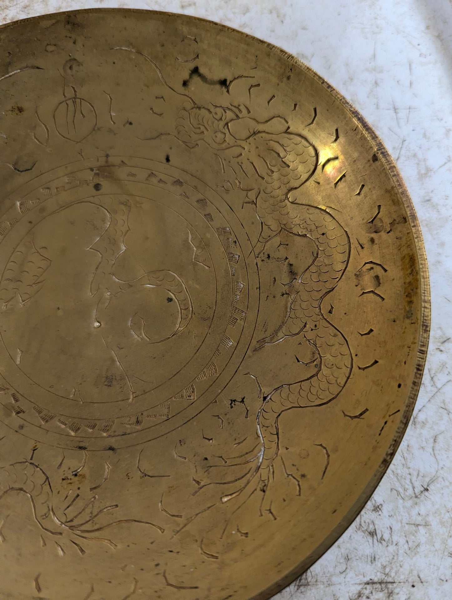 Vintage 7" Chinese Etched Brass Bowl