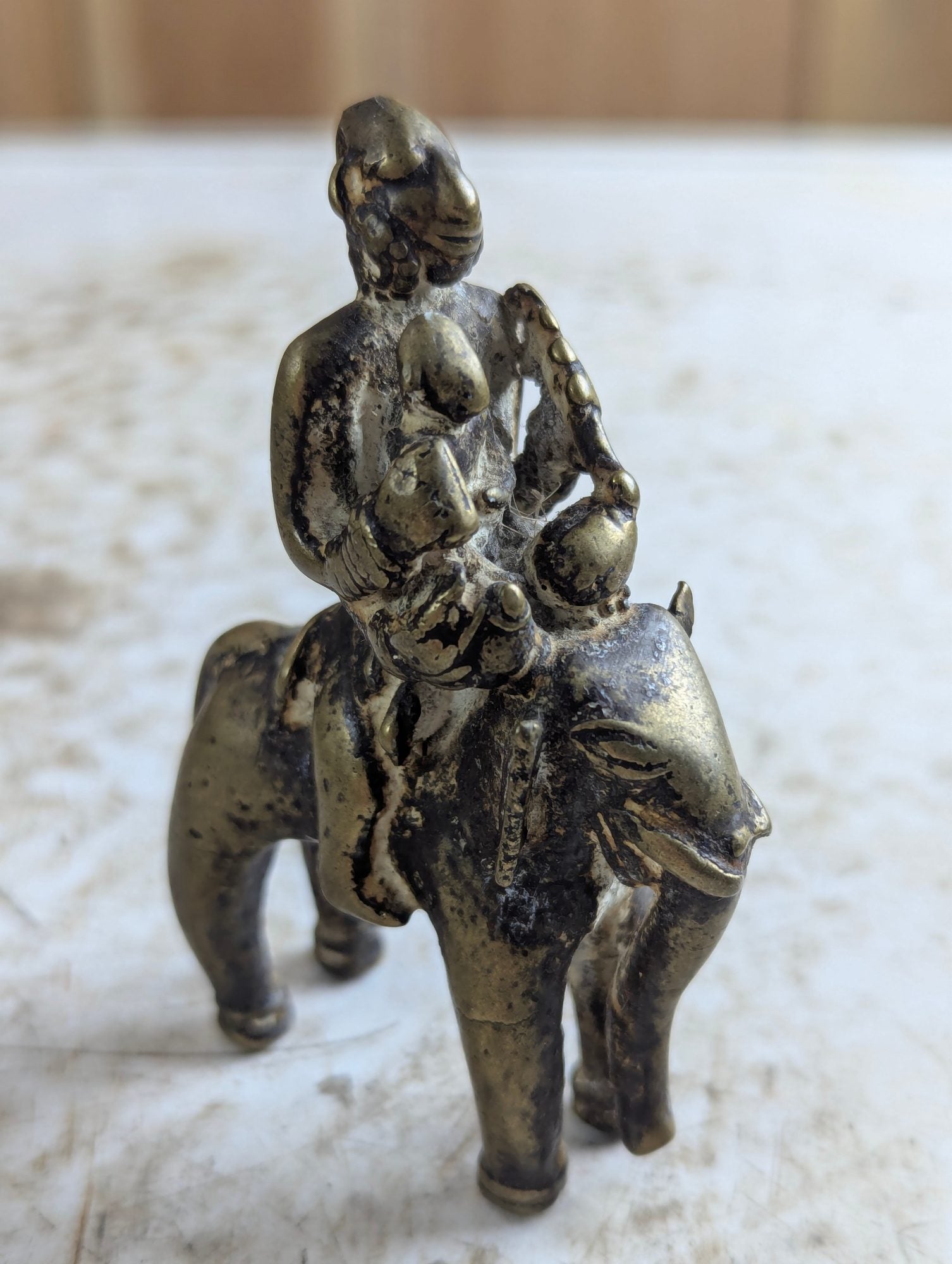 Small 4" Tall Indian Brass Folk Figurine of Elephant with Riders