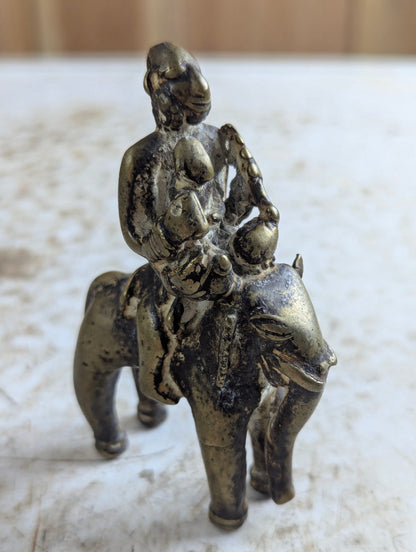 Small 4" Tall Indian Brass Folk Figurine of Elephant with Riders