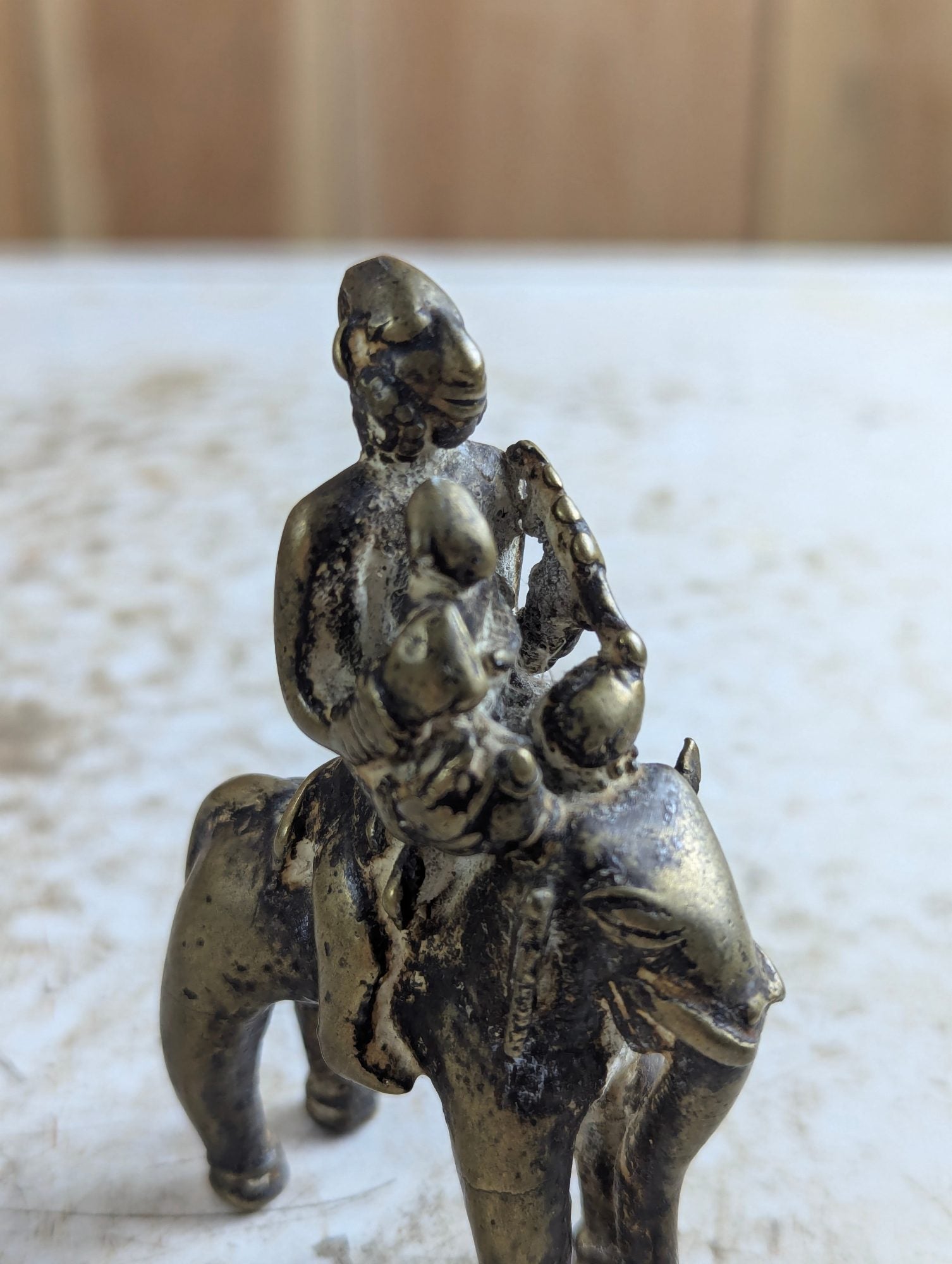 Small 4" Tall Indian Brass Folk Figurine of Elephant with Riders