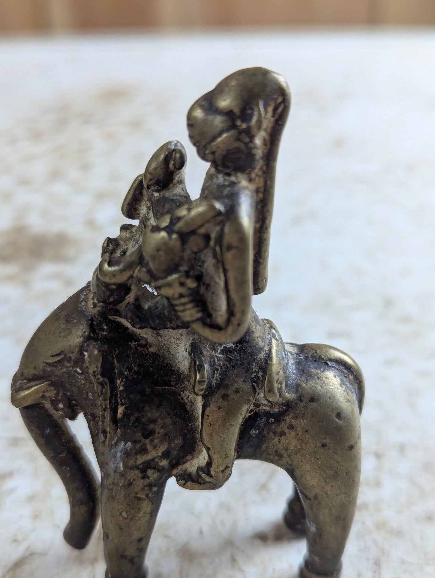 Small 4" Tall Indian Brass Folk Figurine of Elephant with Riders
