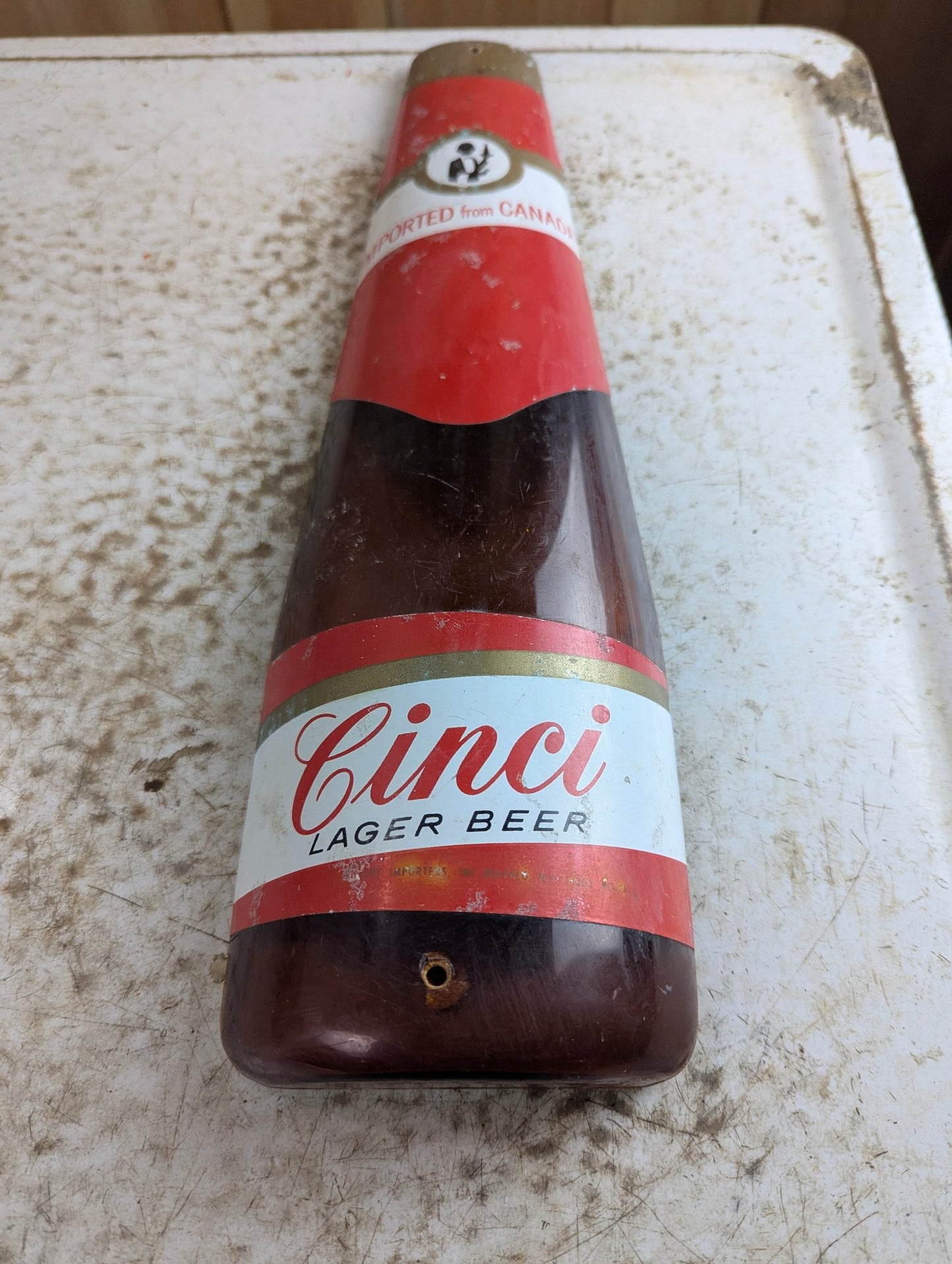 1970s Cinci Lager Beer Bottle Embosograph Alcohol Advertising Sign 5" x 16"