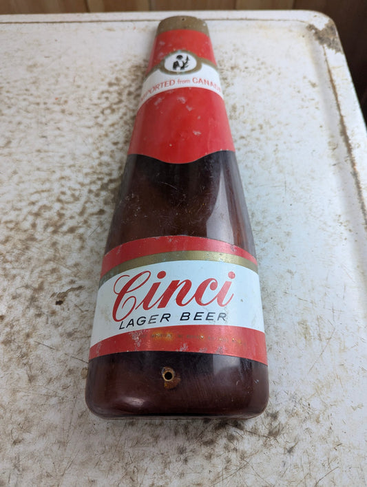 1970s Cinci Lager Beer Bottle Embosograph Alcohol Advertising Sign 5" x 16"
