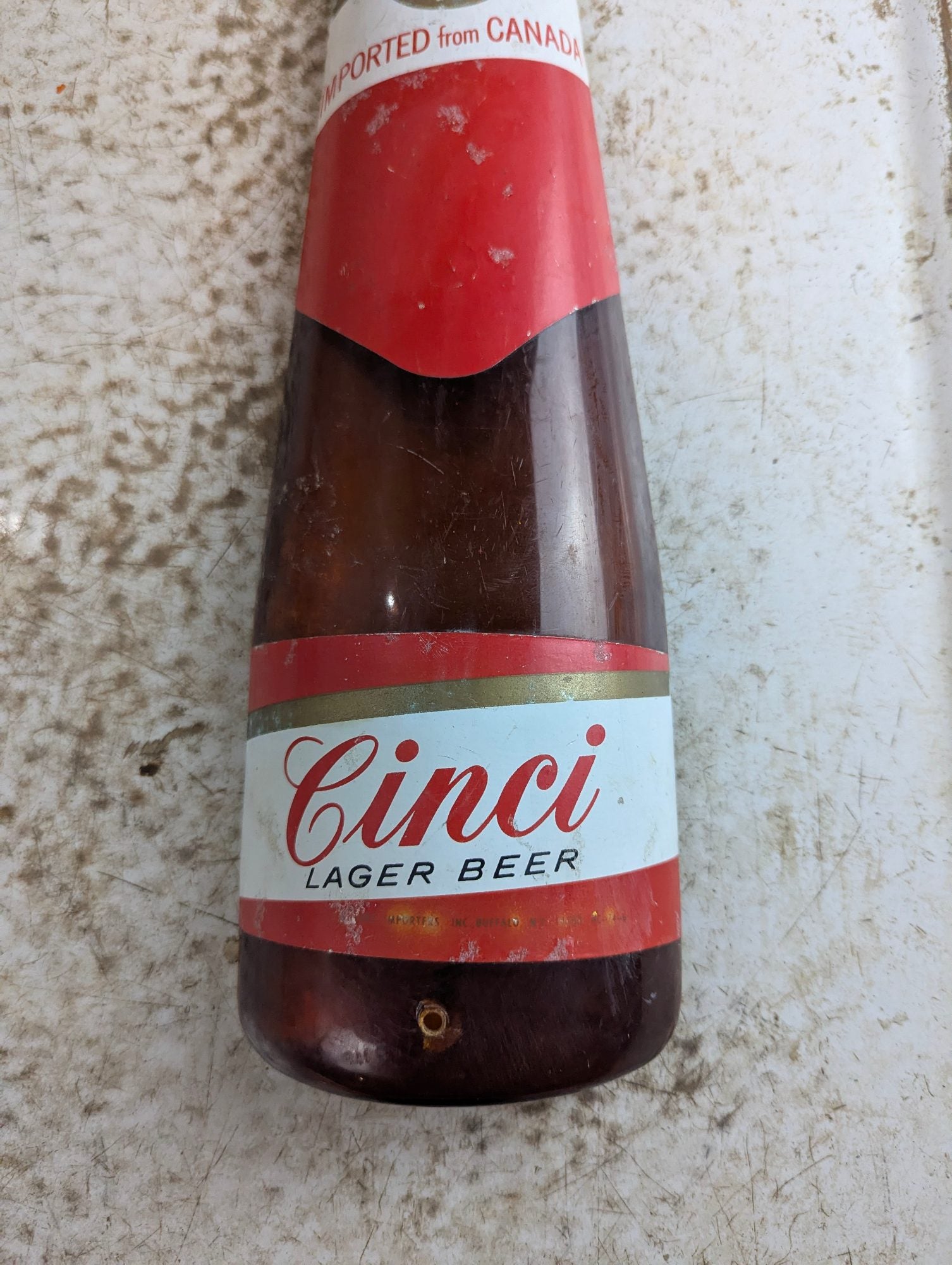 1970s Cinci Lager Beer Bottle Embosograph Alcohol Advertising Sign 5" x 16"