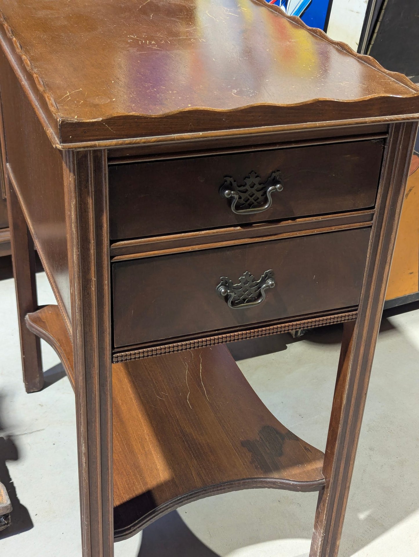 Vintage Pie Crust 2-Drawer Side Table 14" x 21" x 26"H
