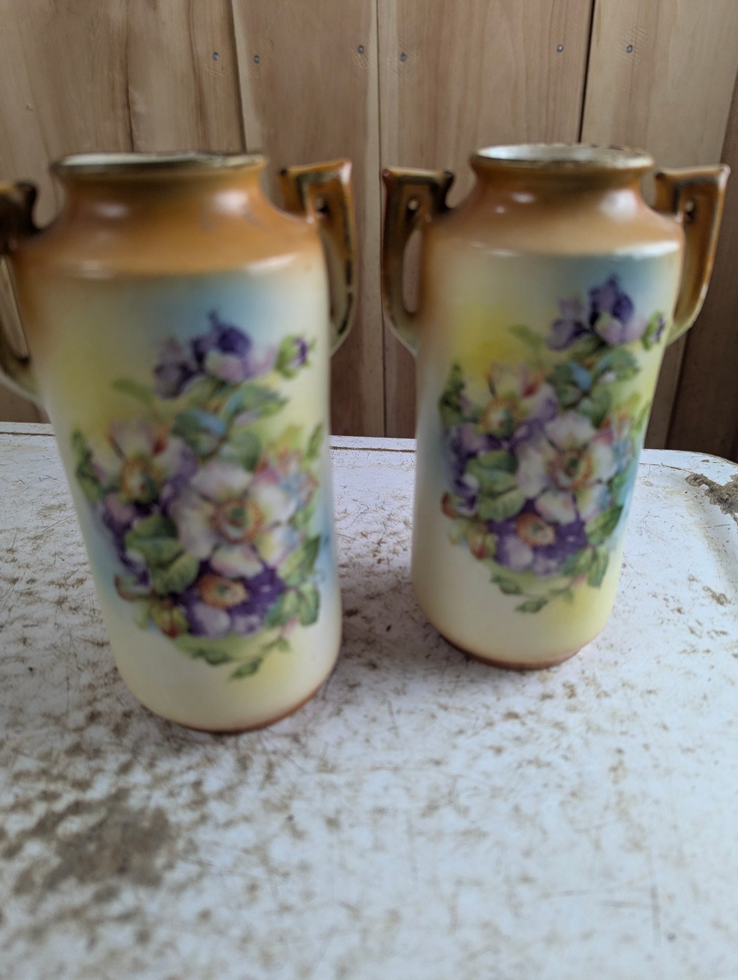 Pair of Vintage 6" Hand-Painted  Double-Handled Czechoslovakian Vases