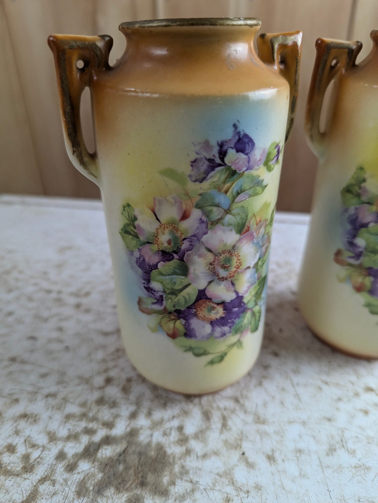 Pair of Vintage 6" Hand-Painted  Double-Handled Czechoslovakian Vases